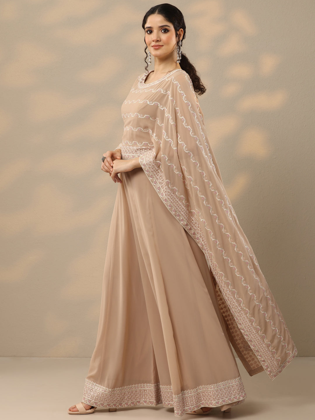 Libas Art Beige Embroidered Georgette Co-Ords