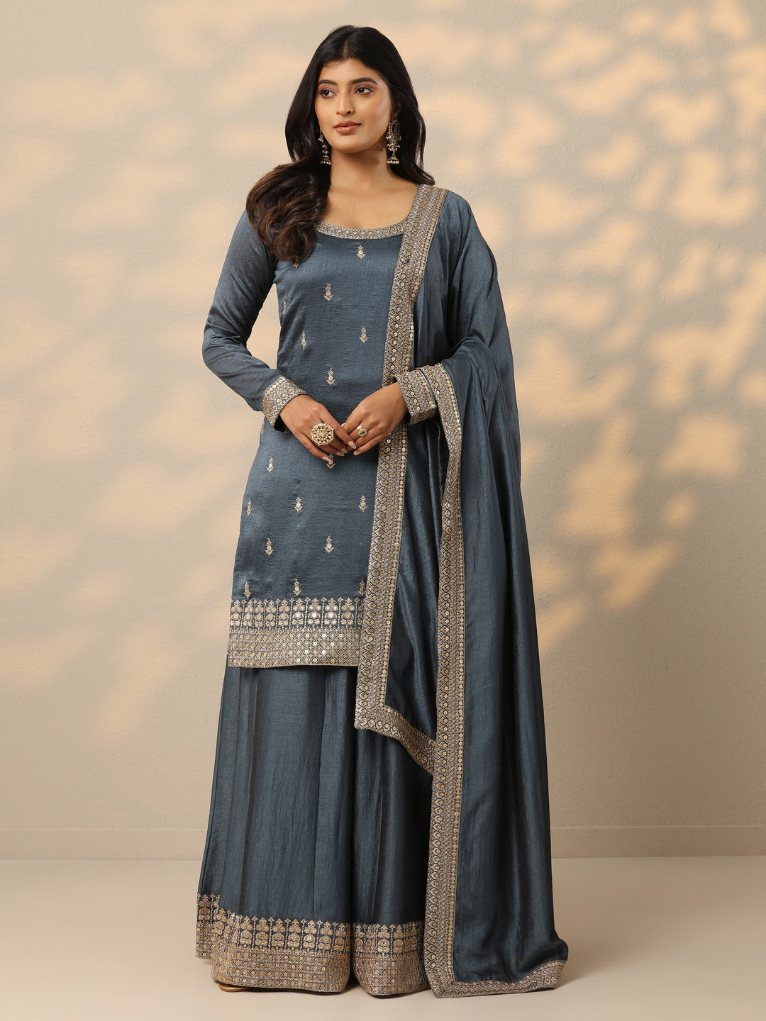 Grey Embroidered Silk Blend Straight Suit With Dupatta