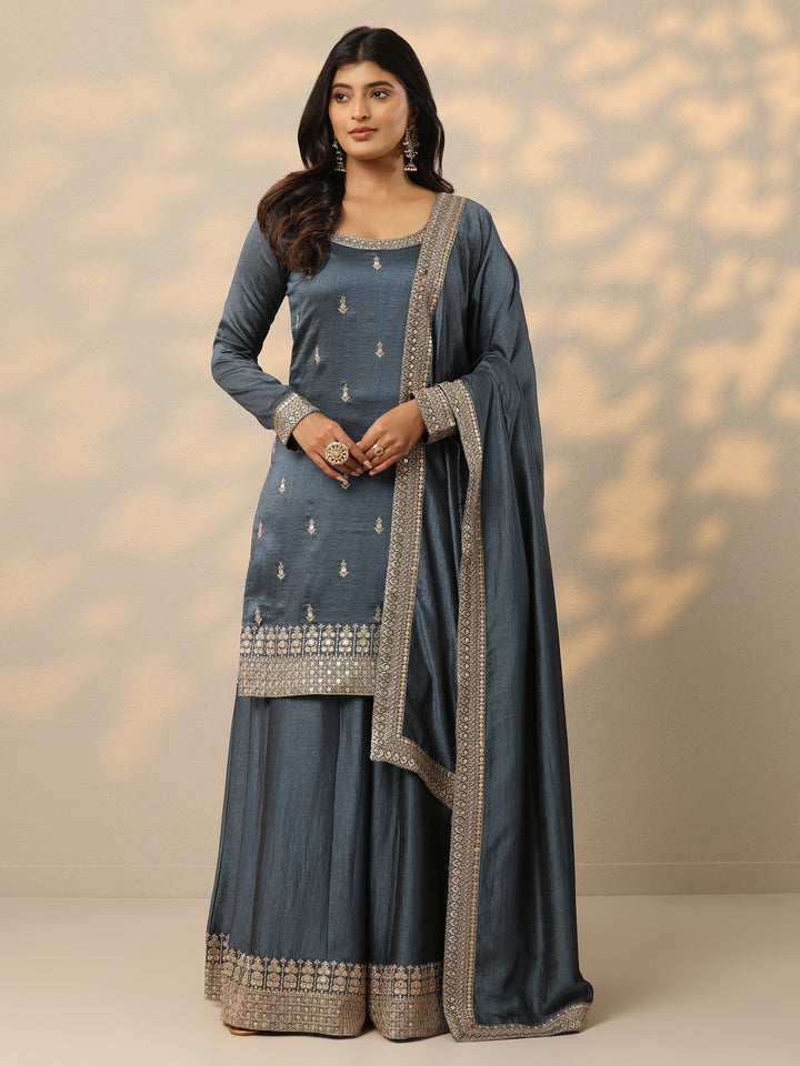 Grey Embroidered Silk Blend Straight Suit With Dupatta