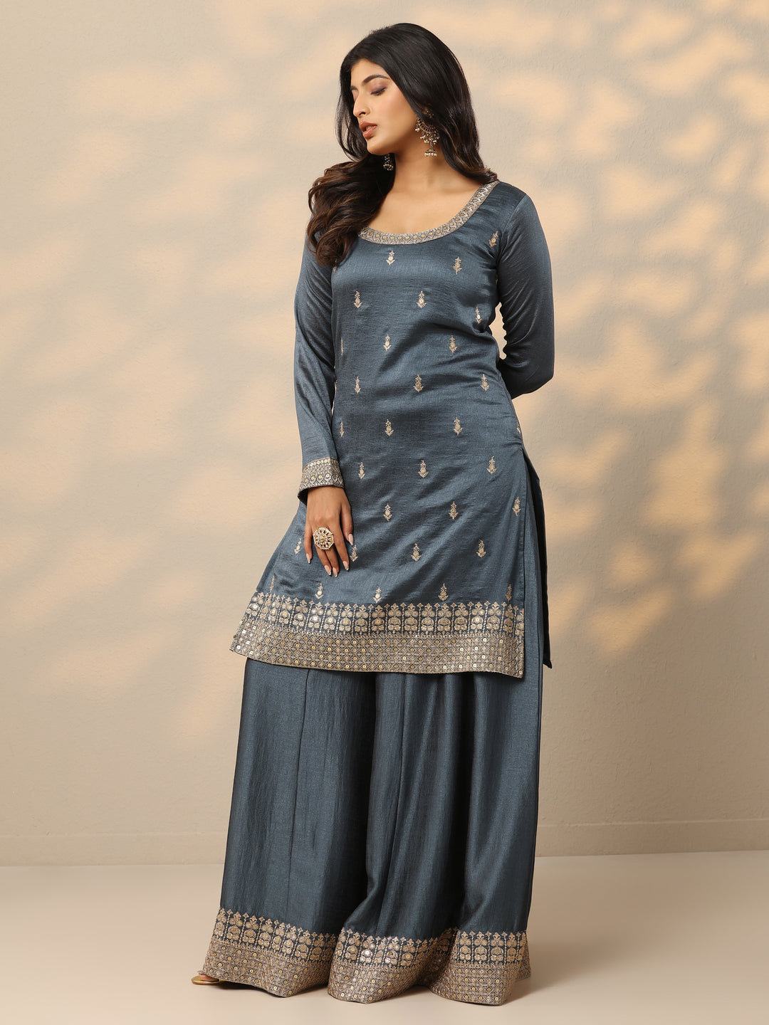 Grey Embroidered Silk Blend Straight Suit With Dupatta