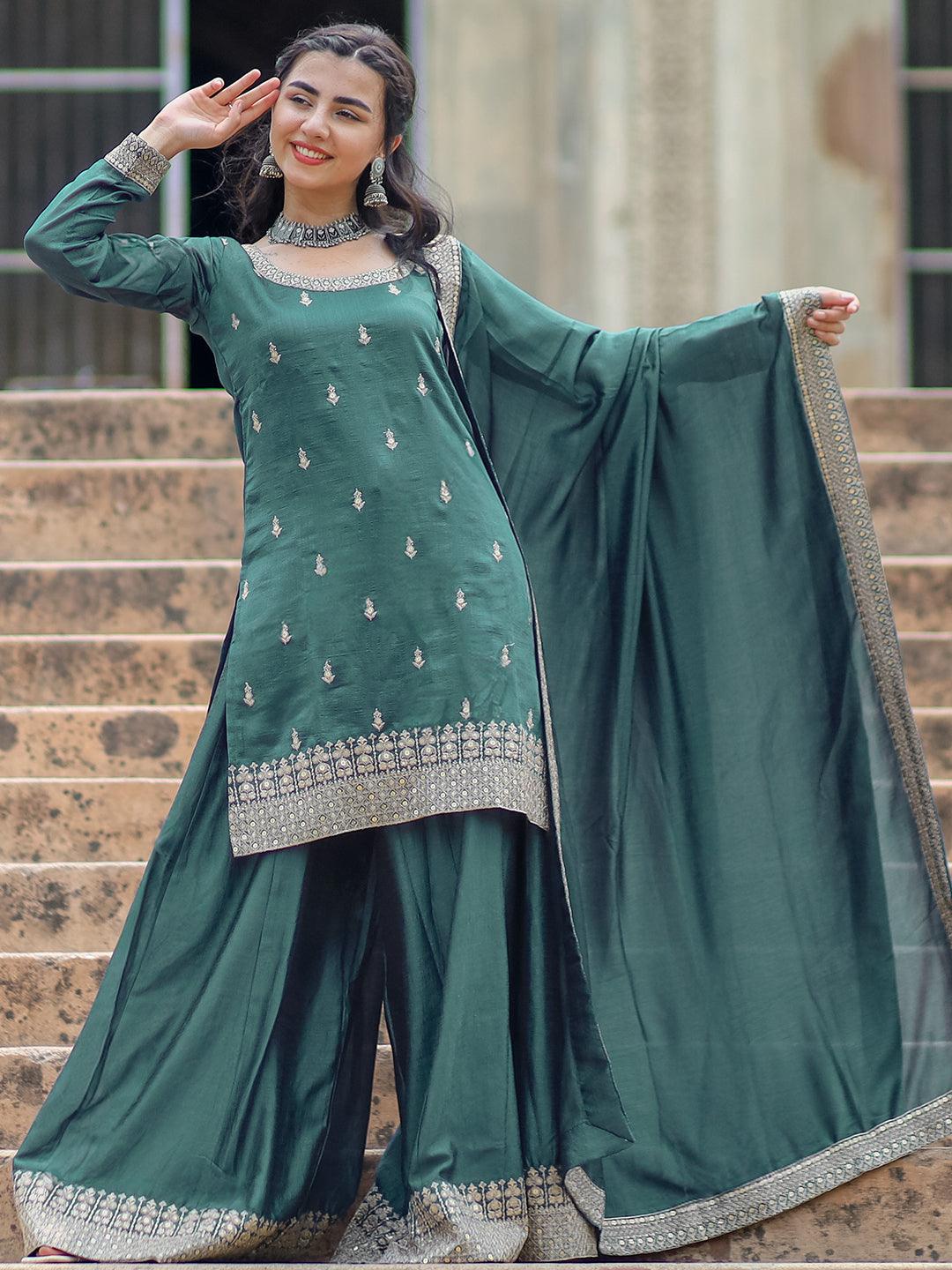 Grey Embroidered Silk Blend Straight Suit With Dupatta