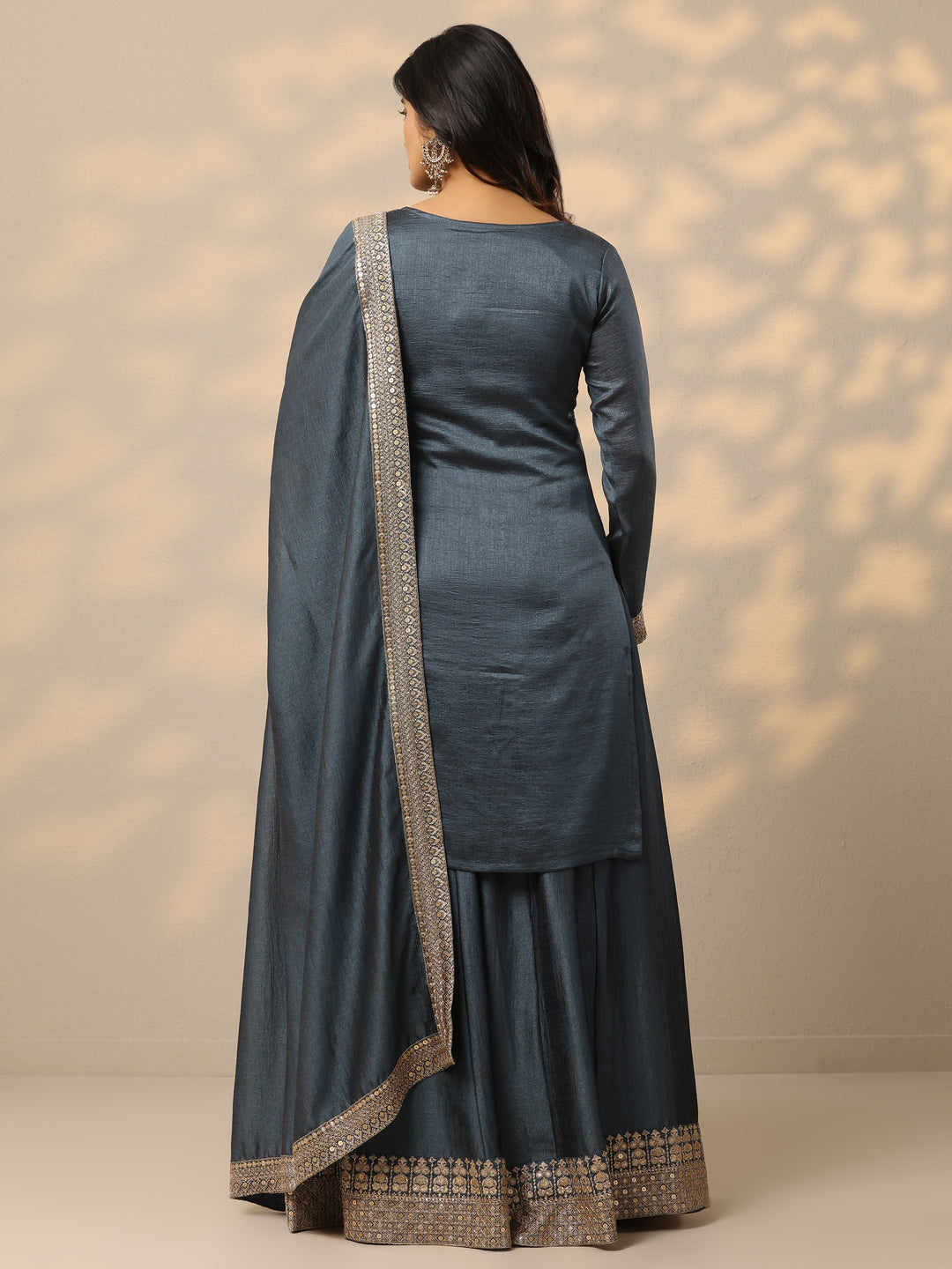 Grey Embroidered Silk Blend Straight Suit With Dupatta