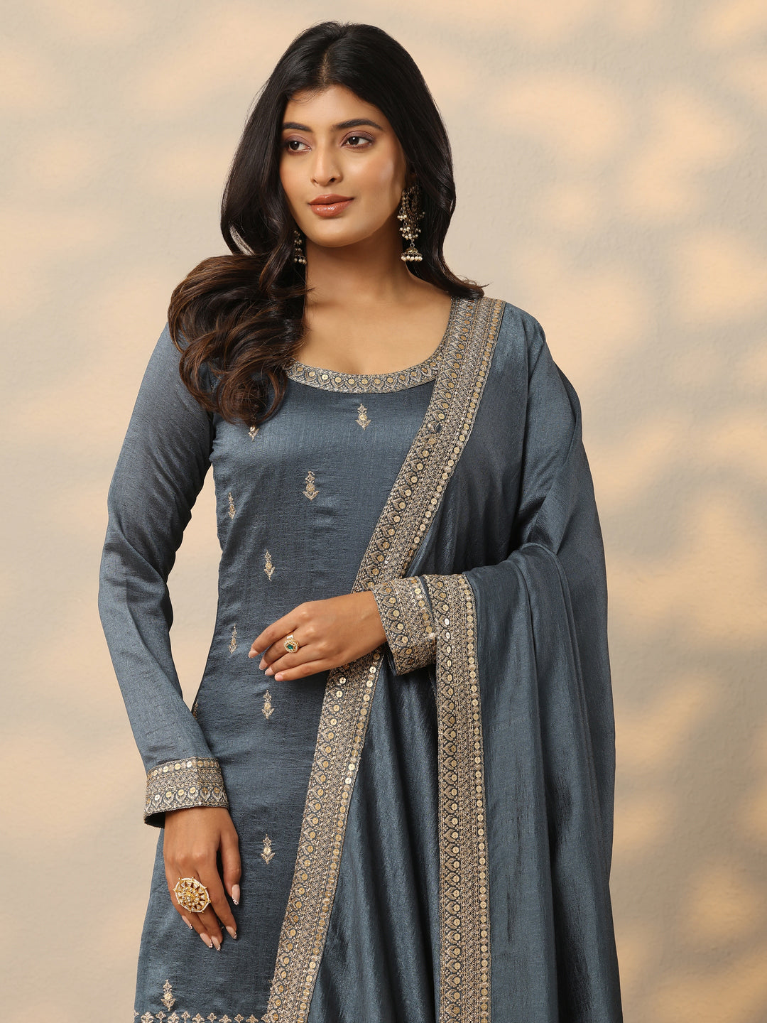 Grey Embroidered Silk Blend Straight Suit With Dupatta