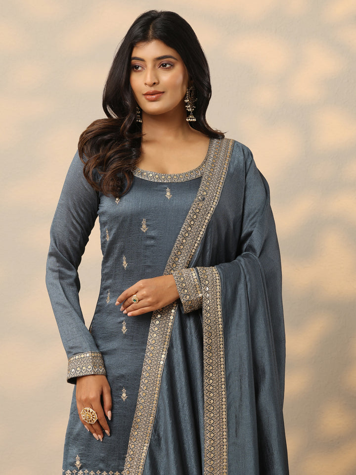 Grey Embroidered Silk Blend Straight Suit With Dupatta