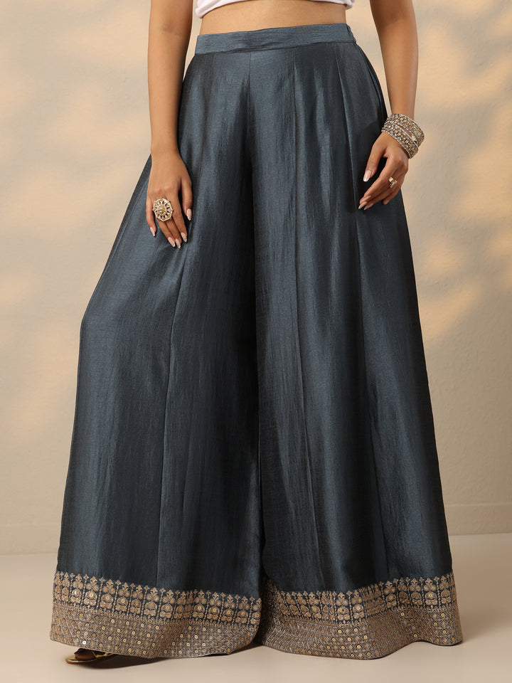 Grey Embroidered Silk Blend Straight Suit With Dupatta