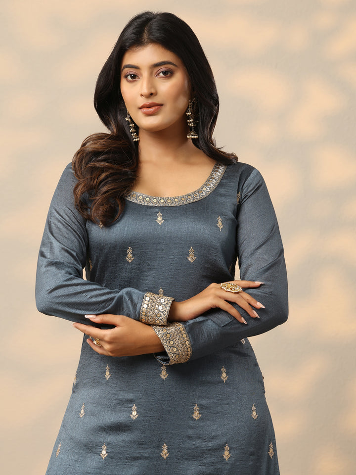 Grey Embroidered Silk Blend Straight Suit With Dupatta