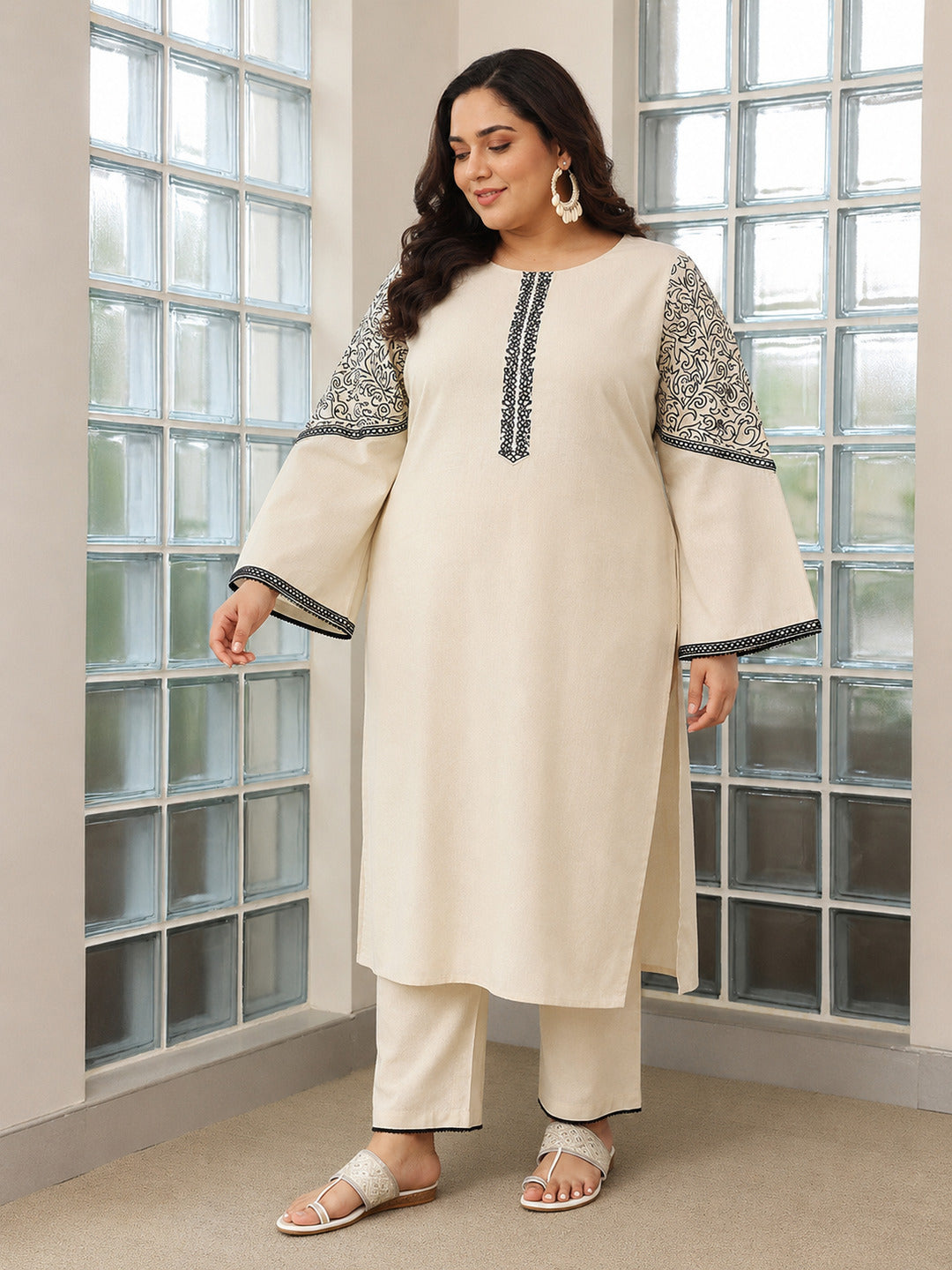 Plus Size Beige Solid Cotton Blend Straight Suit With Dupatta