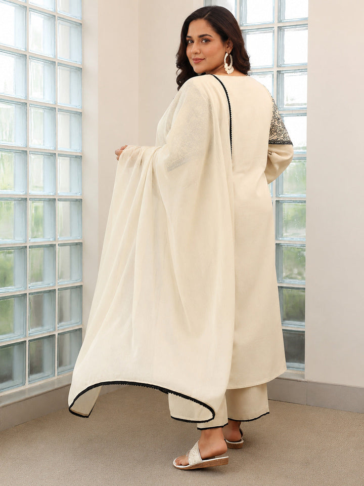 Plus Size Beige Solid Cotton Blend Straight Suit With Dupatta