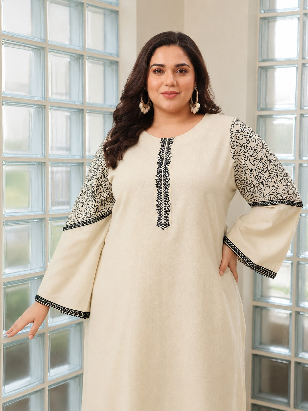 Plus Size Beige Solid Cotton Blend Straight Suit With Dupatta
