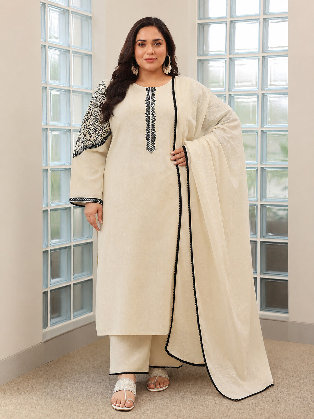 Plus Size Beige Solid Cotton Blend Straight Suit With Dupatta