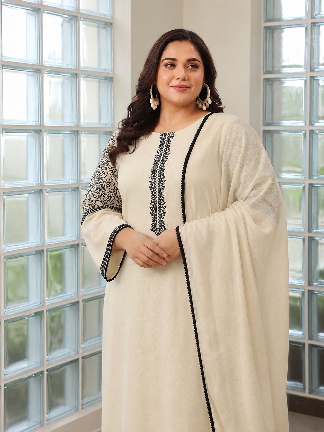Plus Size Beige Solid Cotton Blend Straight Suit With Dupatta