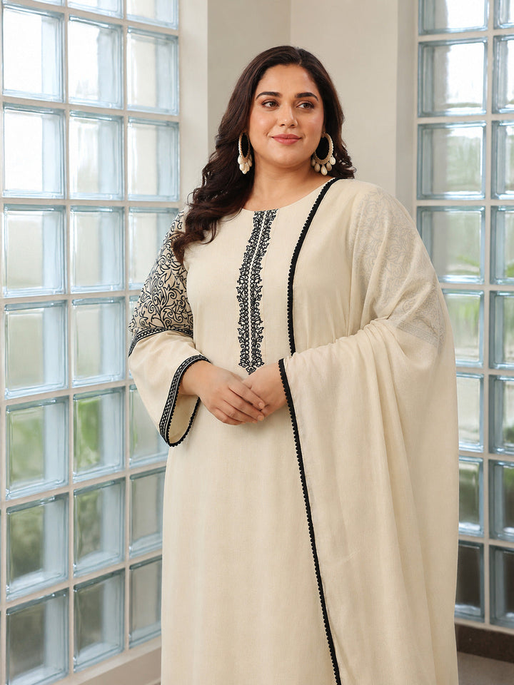Plus Size Beige Solid Cotton Blend Straight Suit With Dupatta