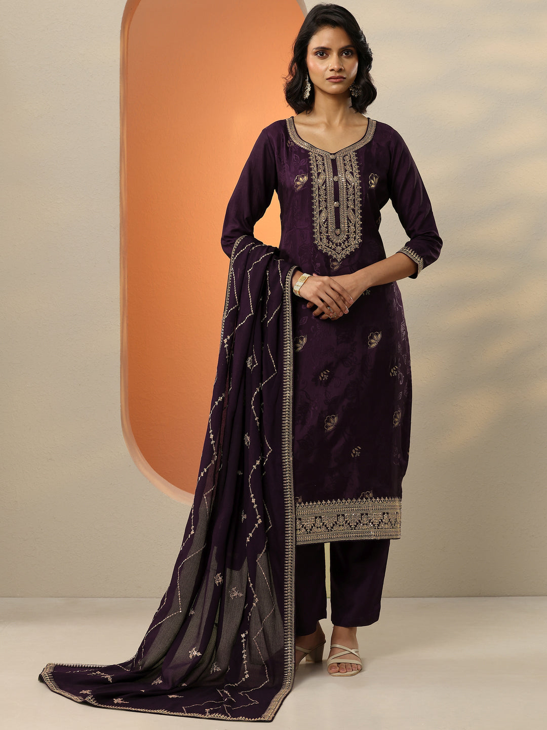 Wine Woven Design Silk Blend Straight Suit With Dupatta