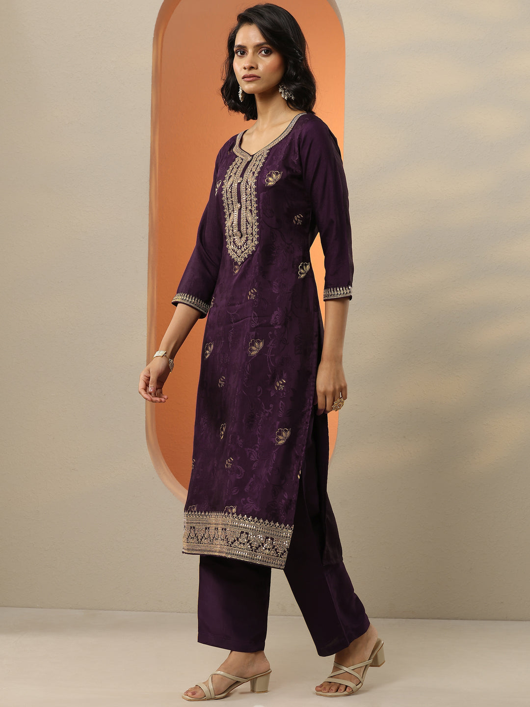 Wine Woven Design Silk Blend Straight Suit With Dupatta