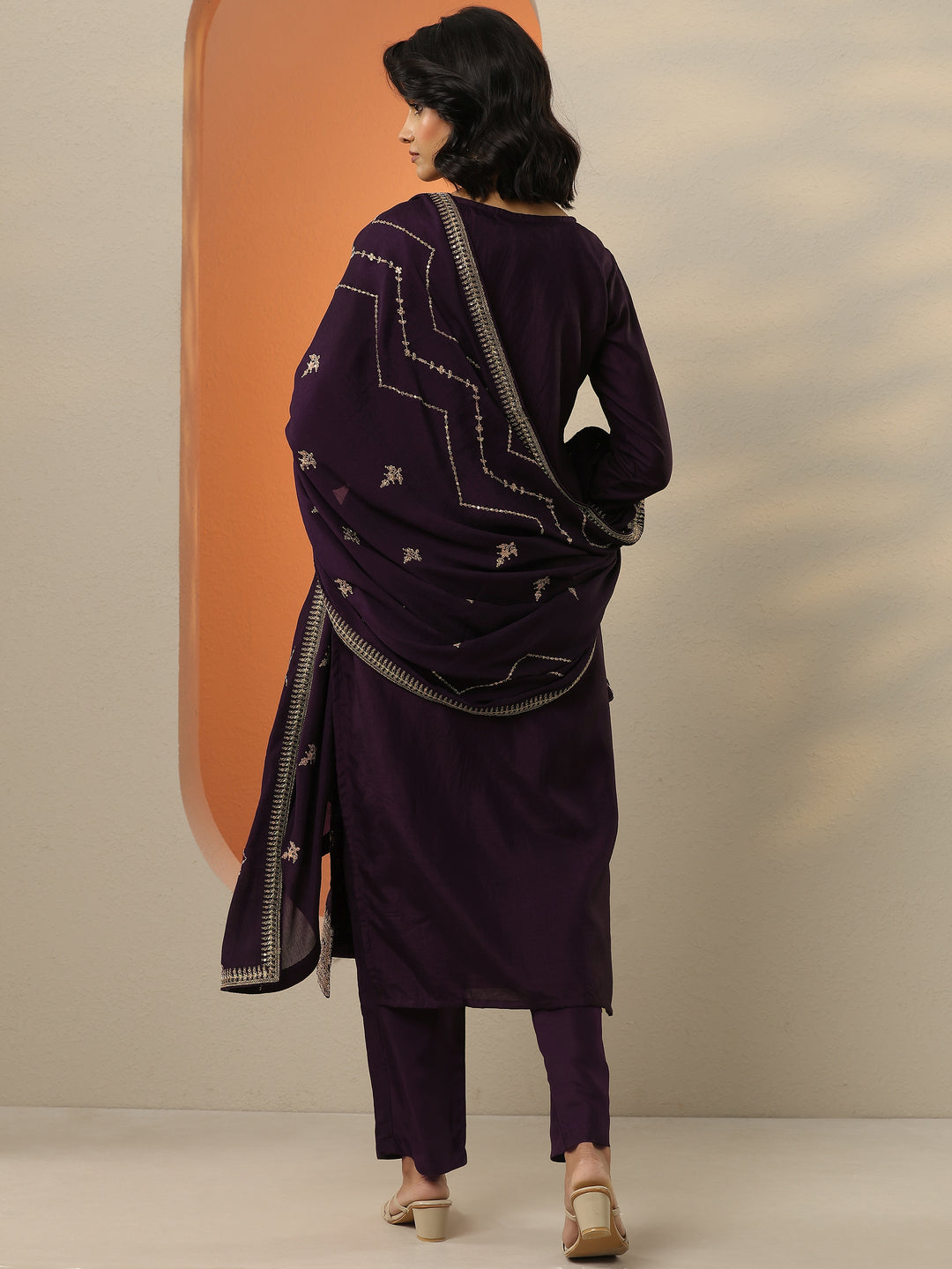 Wine Woven Design Silk Blend Straight Suit With Dupatta