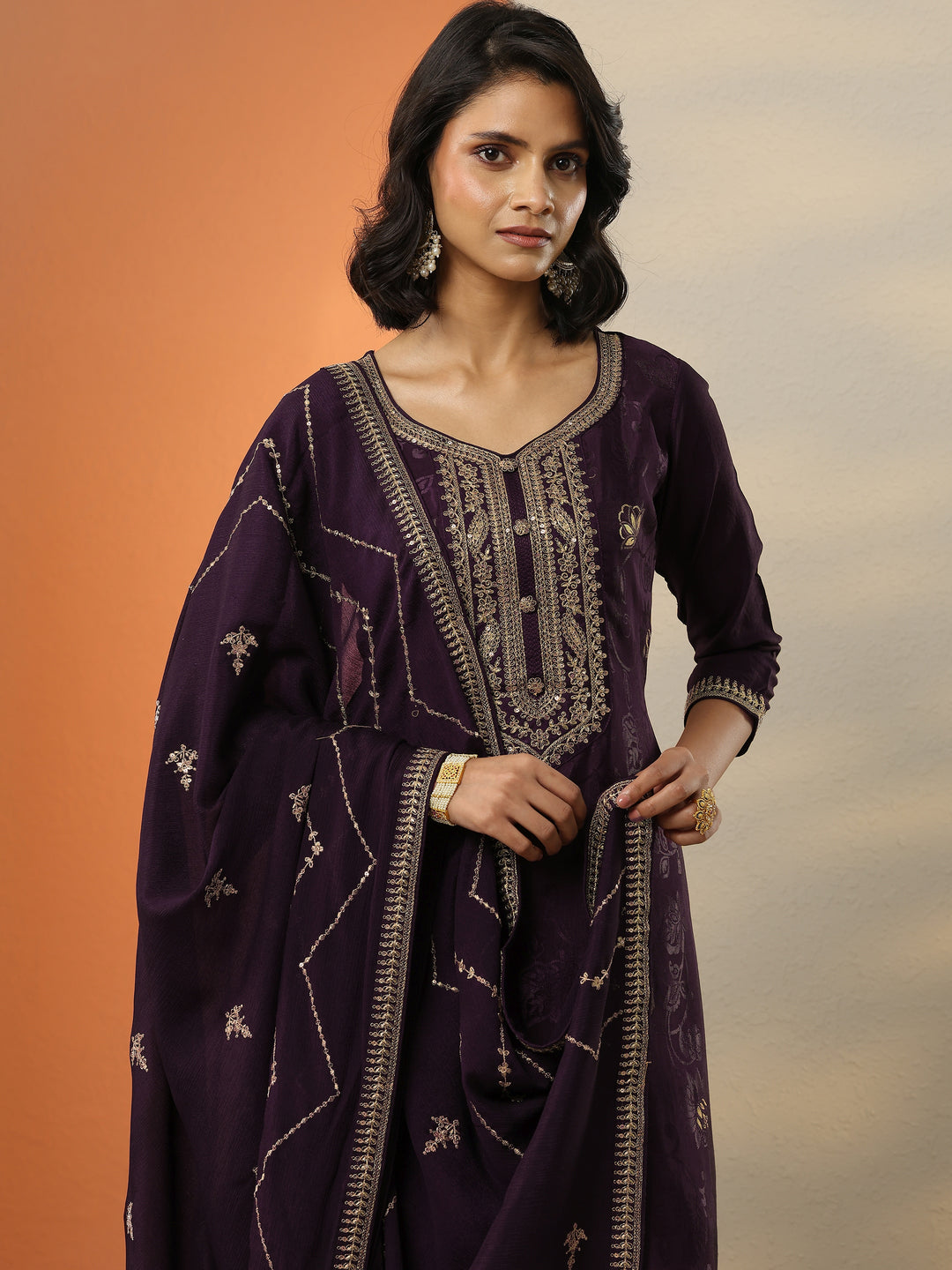 Wine Woven Design Silk Blend Straight Suit With Dupatta