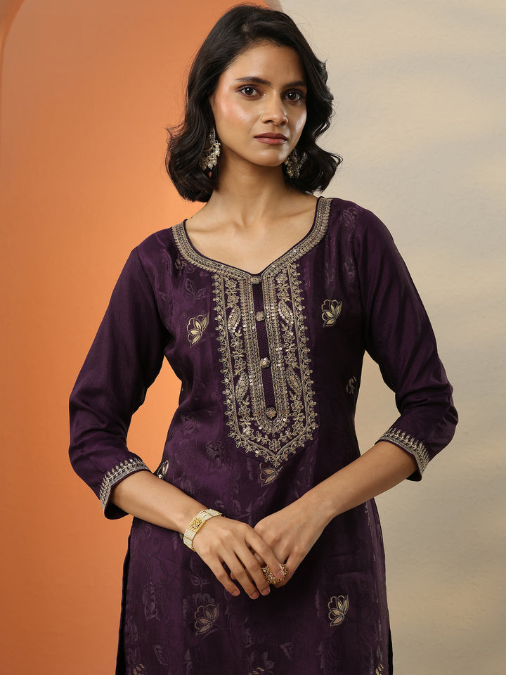 Wine Woven Design Silk Blend Straight Suit With Dupatta