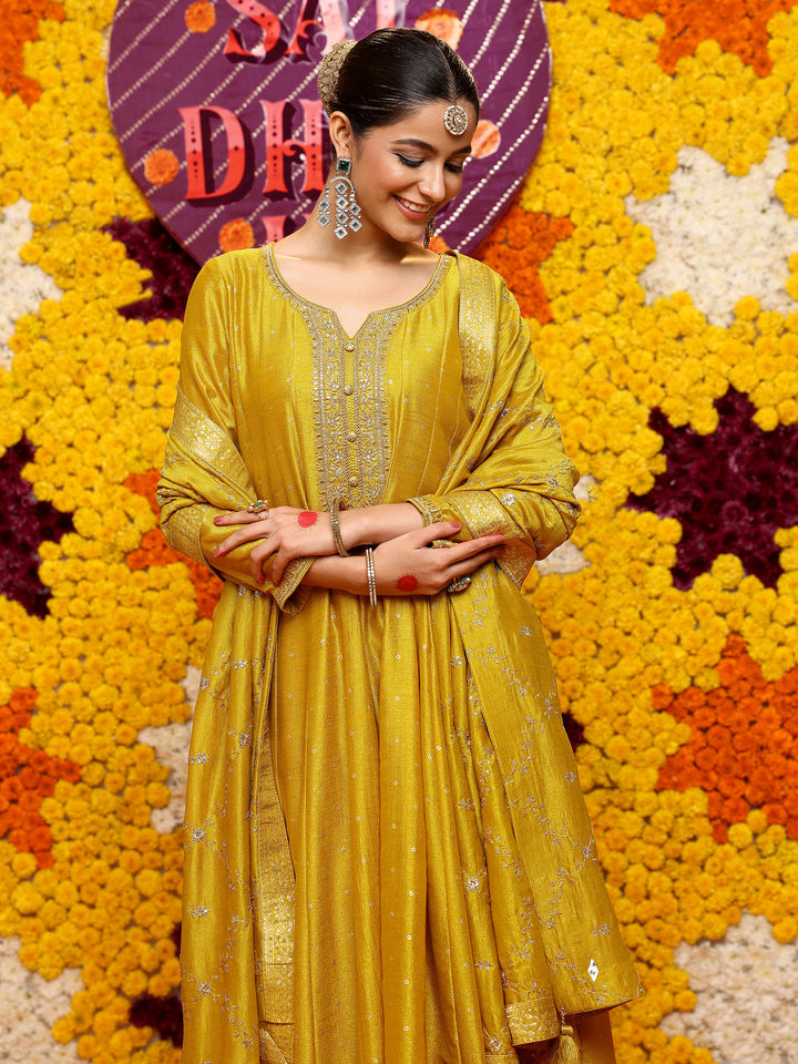 Mustard Embroidered Silk Blend A-Line Kurta With Palazzos & Dupatta
