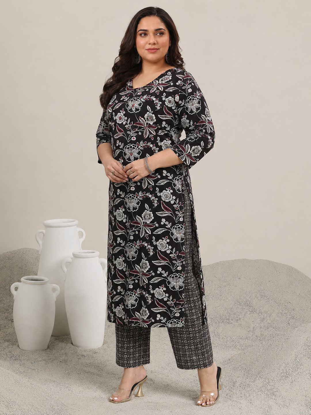 Plus Size Black Printed Cotton Straight Suit With Dupatta
