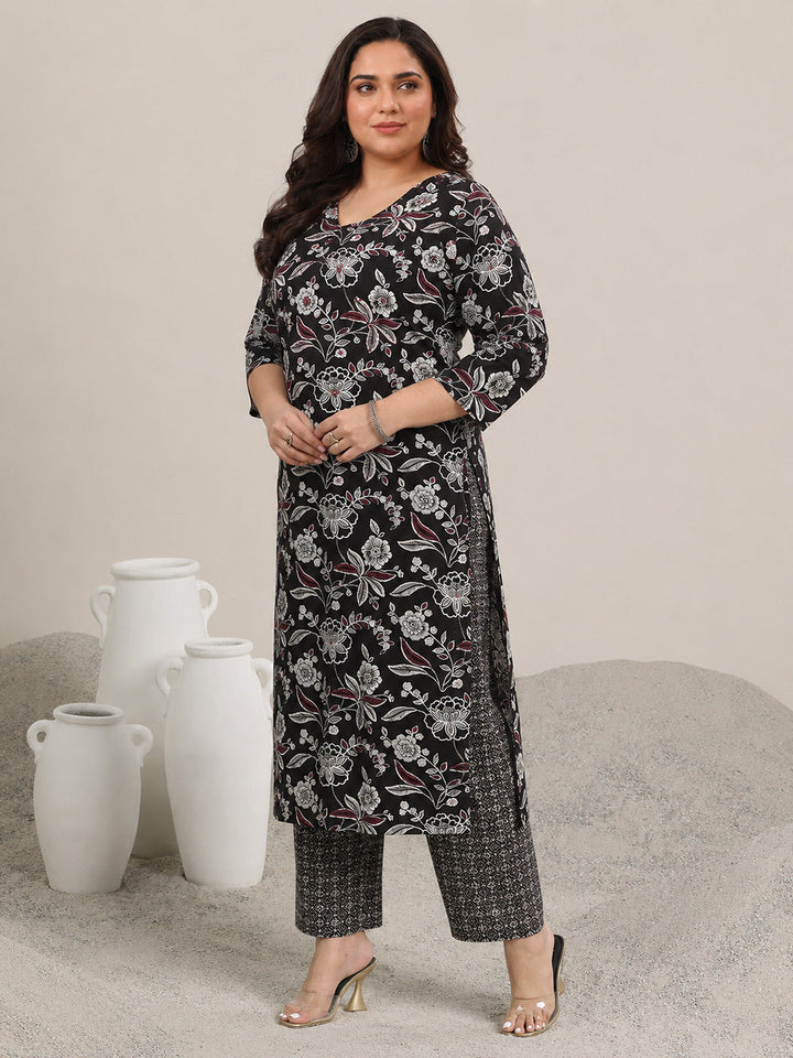 Plus Size Black Printed Cotton Straight Suit With Dupatta