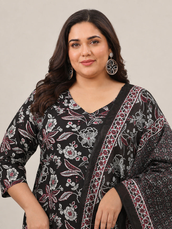 Plus Size Black Printed Cotton Straight Suit With Dupatta