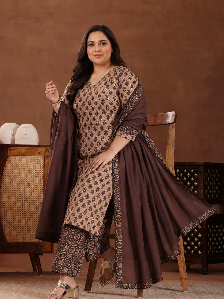 Plus Size Brown Printed Cotton Straight Suit With Dupatta