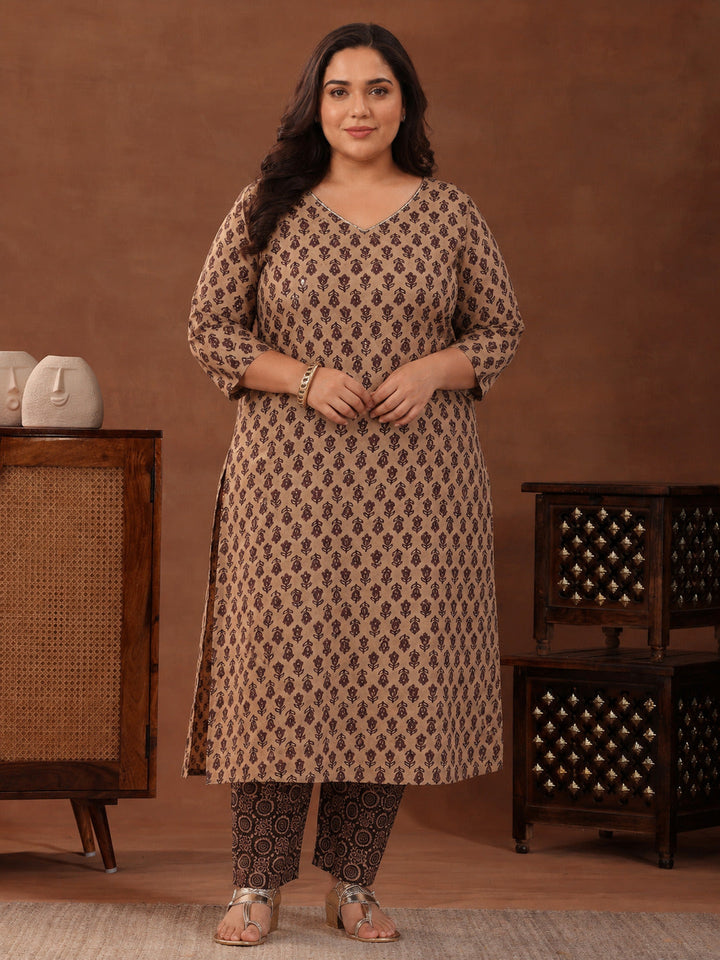 Plus Size Brown Printed Cotton Straight Suit With Dupatta