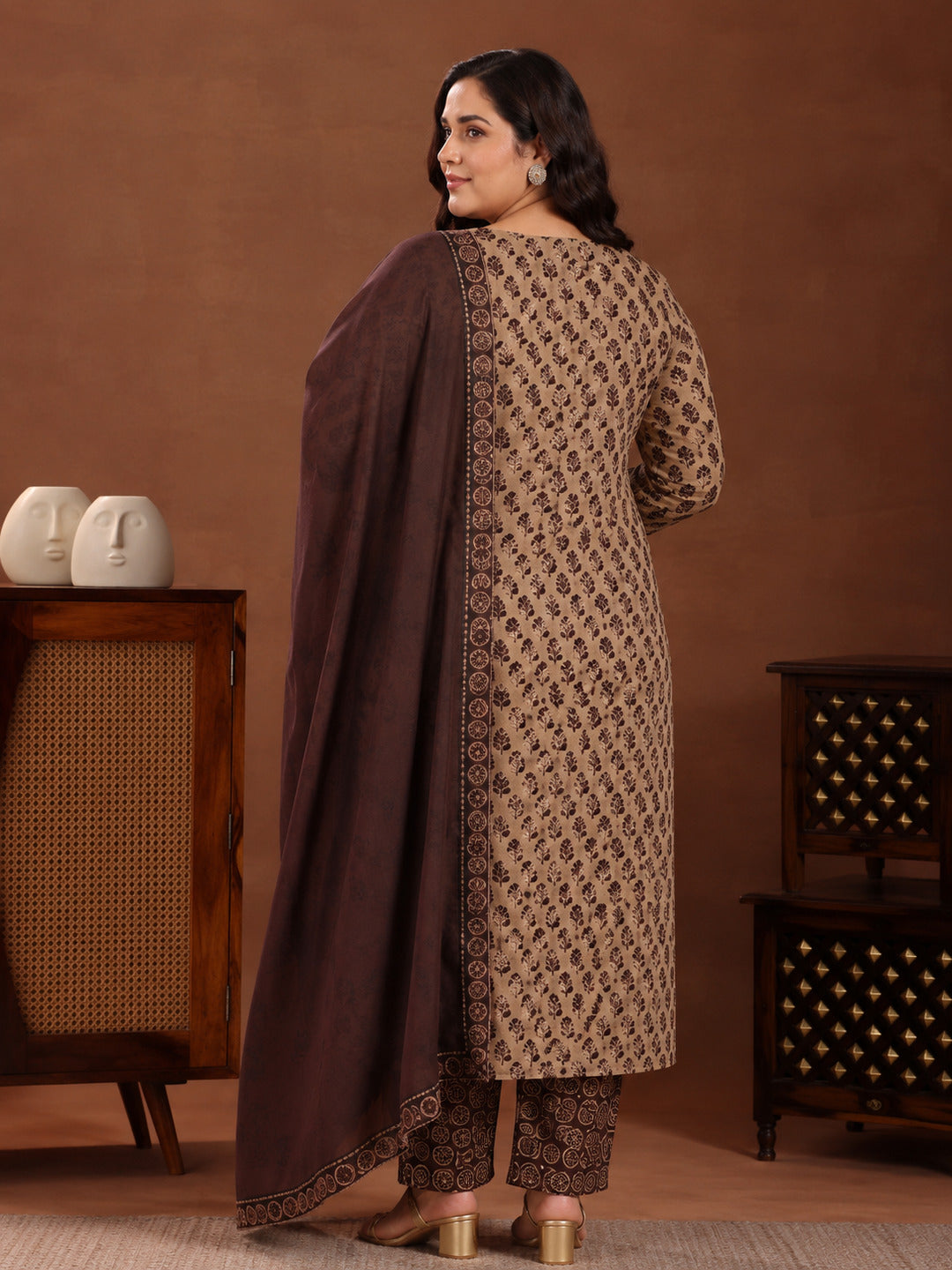 Plus Size Brown Printed Cotton Straight Suit With Dupatta