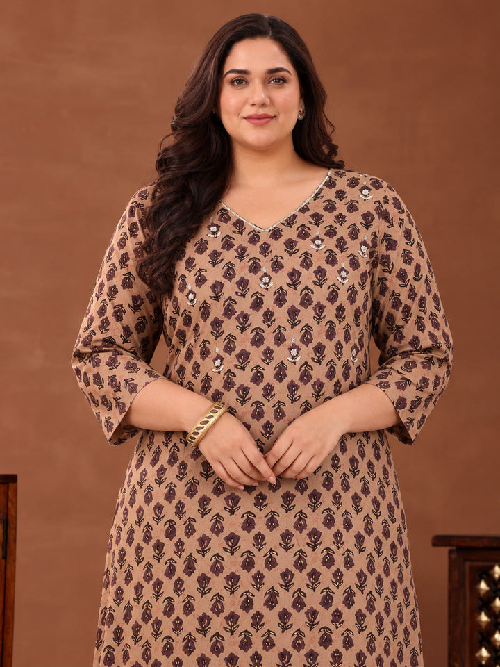 Plus Size Brown Printed Cotton Straight Suit With Dupatta