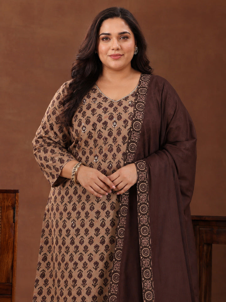 Plus Size Brown Printed Cotton Straight Suit With Dupatta