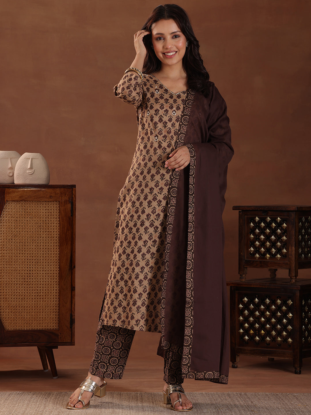 Brown Printed Cotton Straight Suit With Dupatta