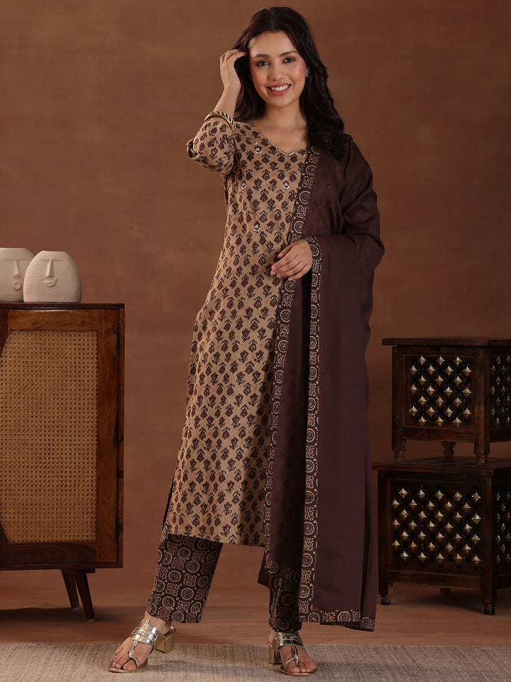 Brown Printed Cotton Straight Suit With Dupatta