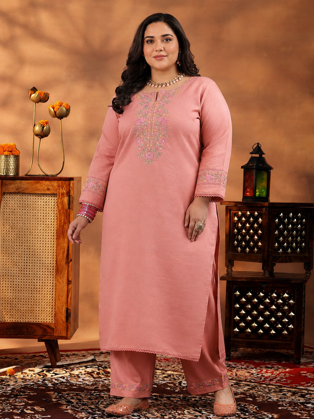 Plus Size Peach Yoke Design Silk Blend Straight Suit With Dupatta