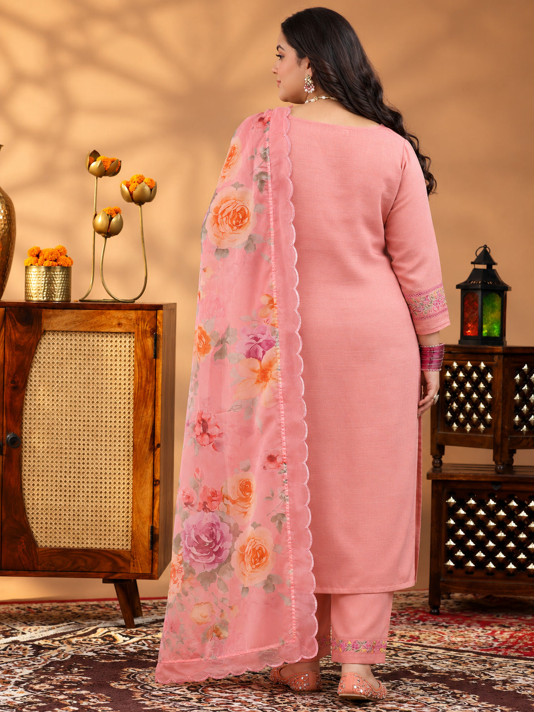 Plus Size Peach Yoke Design Silk Blend Straight Suit With Dupatta