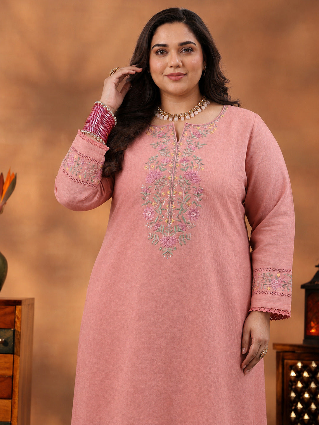 Plus Size Peach Yoke Design Silk Blend Straight Suit With Dupatta