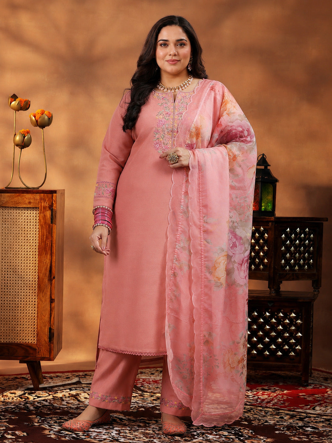 Plus Size Peach Yoke Design Silk Blend Straight Suit With Dupatta