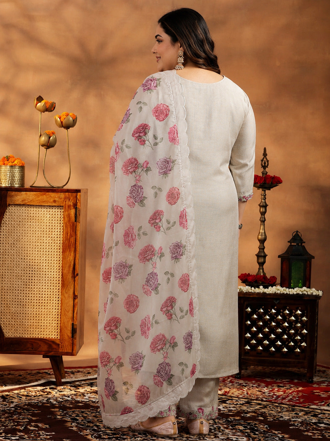 Plus Size Beige Yoke Design Silk Blend Straight Suit With Dupatta