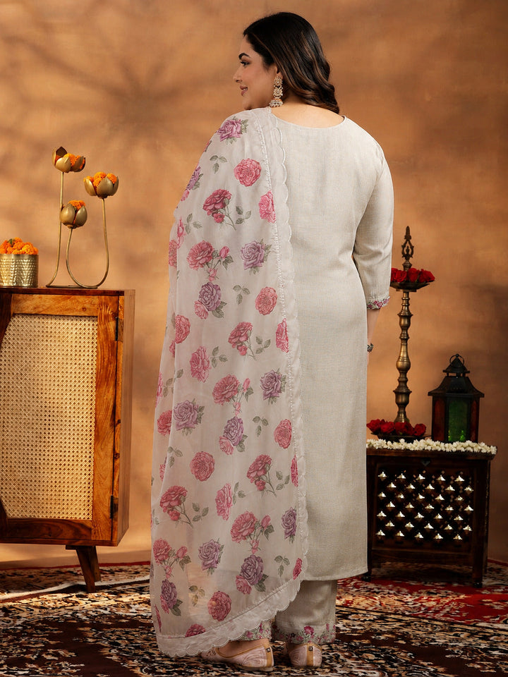Plus Size Beige Yoke Design Silk Blend Straight Suit With Dupatta