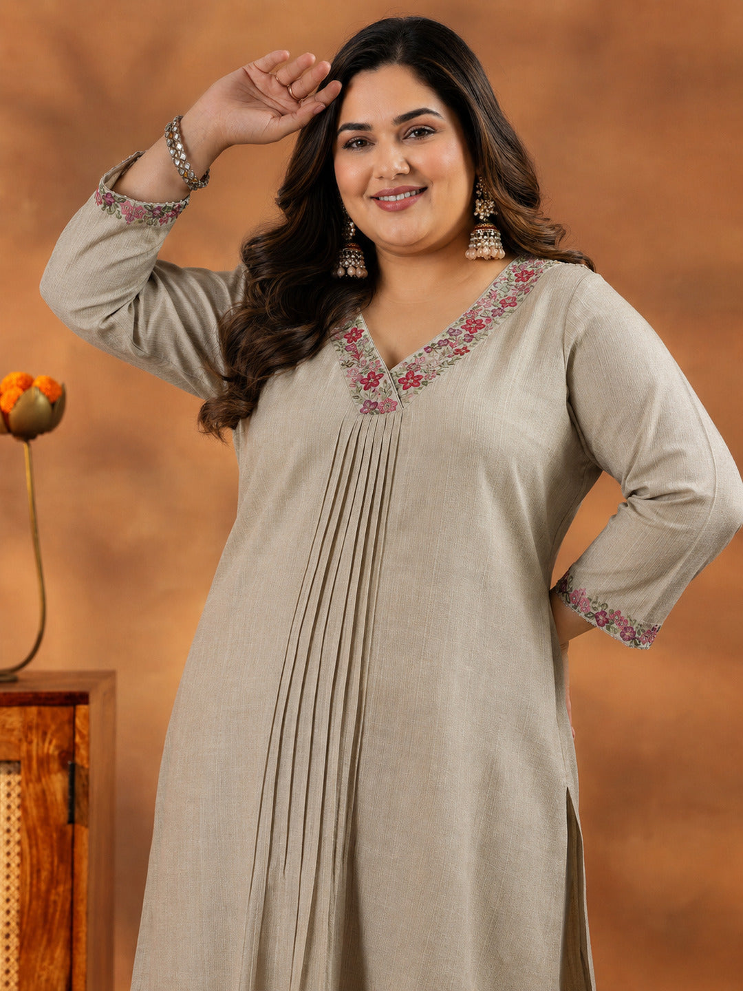 Plus Size Beige Yoke Design Silk Blend Straight Suit With Dupatta