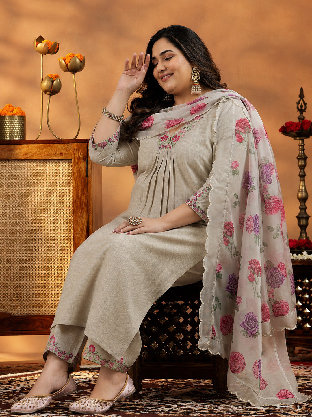 Plus Size Beige Yoke Design Silk Blend Straight Suit With Dupatta