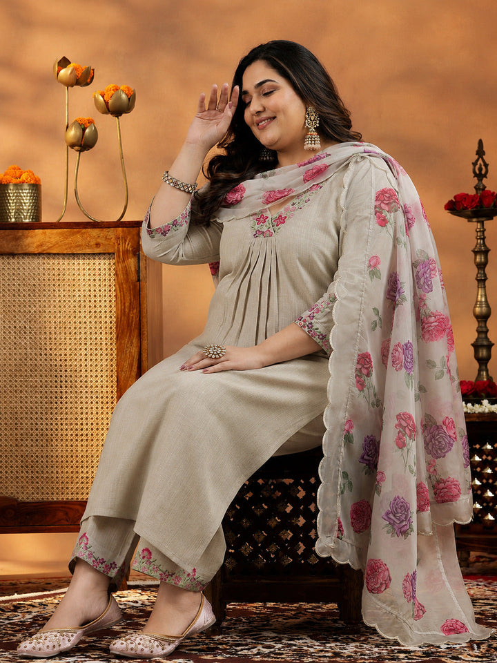 Plus Size Beige Yoke Design Silk Blend Straight Suit With Dupatta