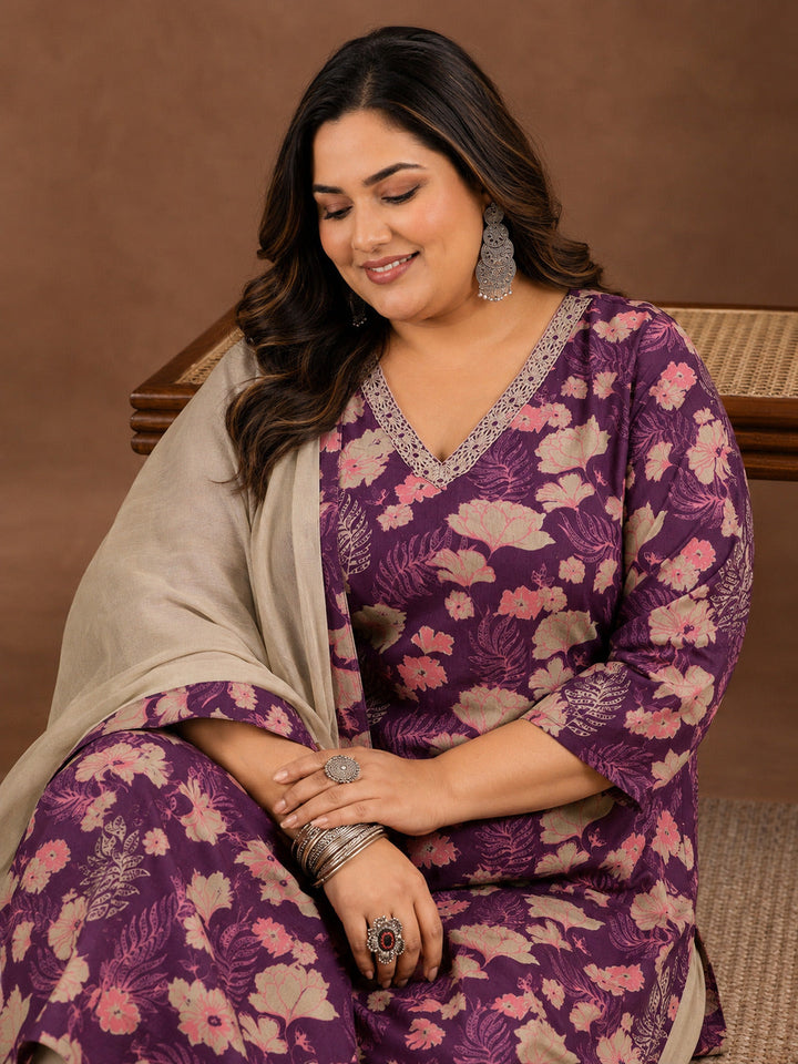 Plus Size Wine Printed Cotton Straight Suit With Dupatta
