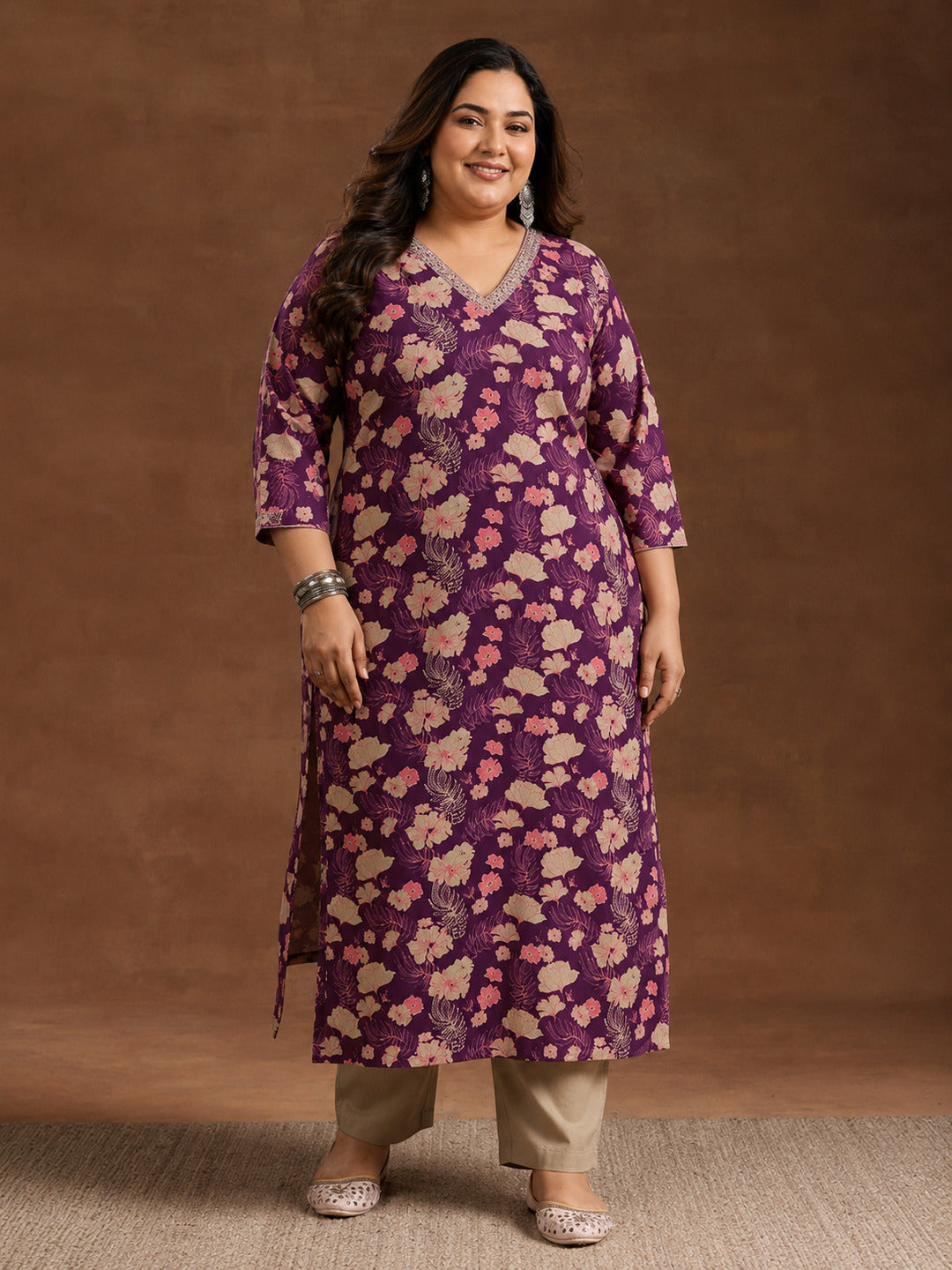 Plus Size Wine Printed Cotton Straight Suit With Dupatta
