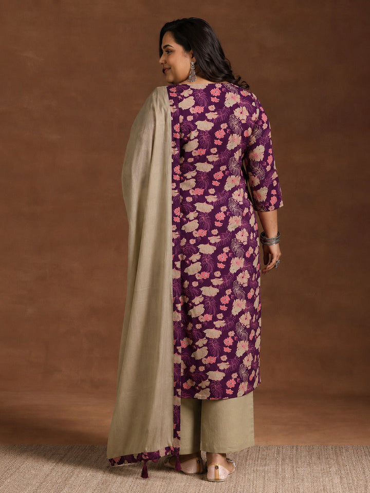 Plus Size Wine Printed Cotton Straight Suit With Dupatta