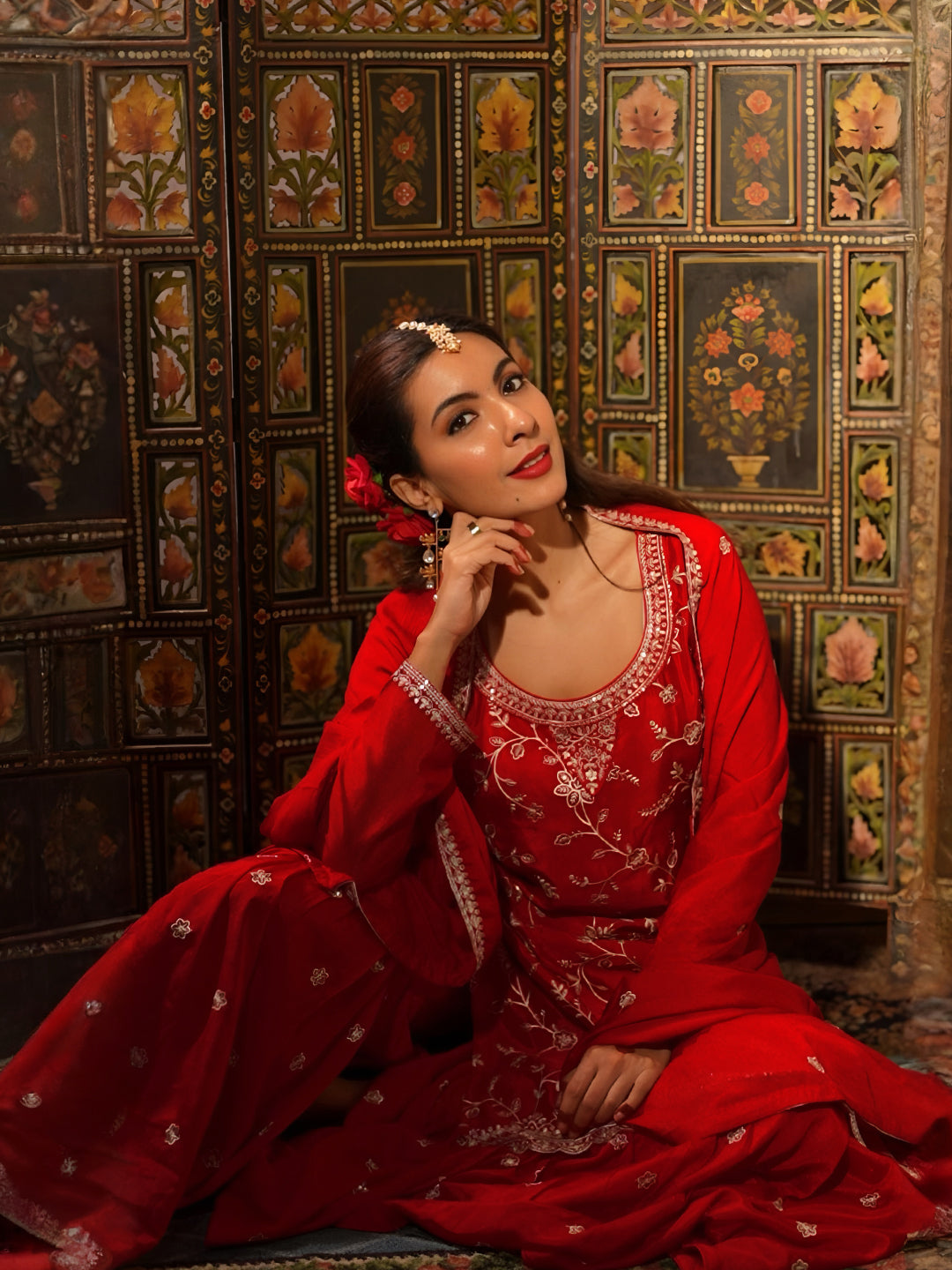 Red Embroidered Silk Blend Straight Suit With Dupatta