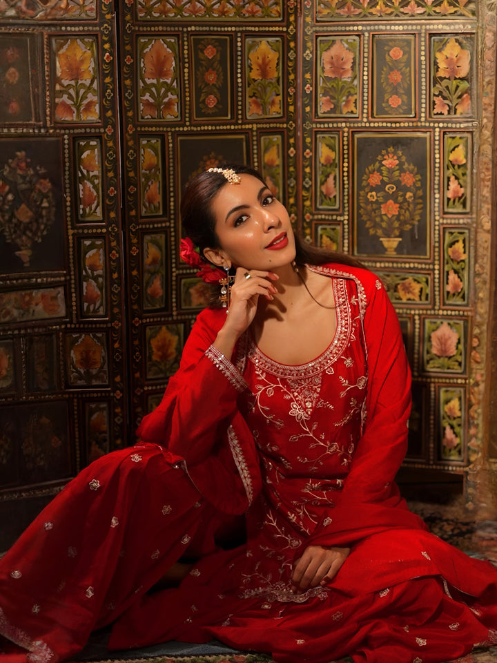 Red Embroidered Silk Blend Straight Suit With Dupatta