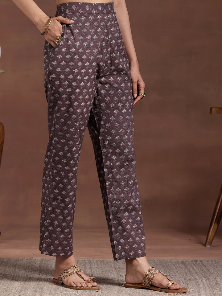 Brown Printed Cotton Straight Kurta Set