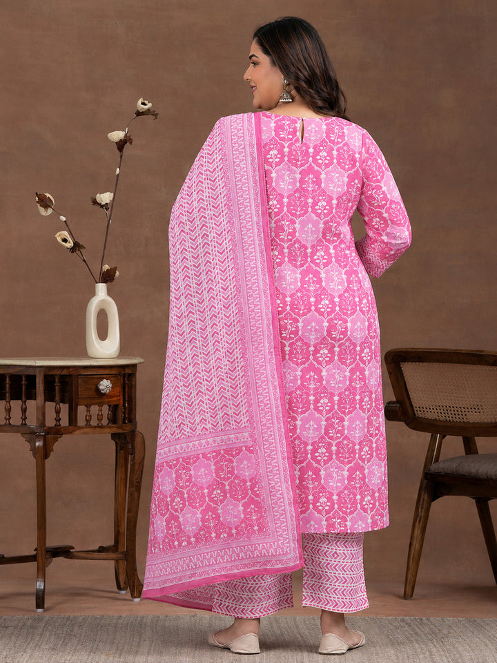 Plus Size Pink Printed Cotton Straight Suit With Dupatta