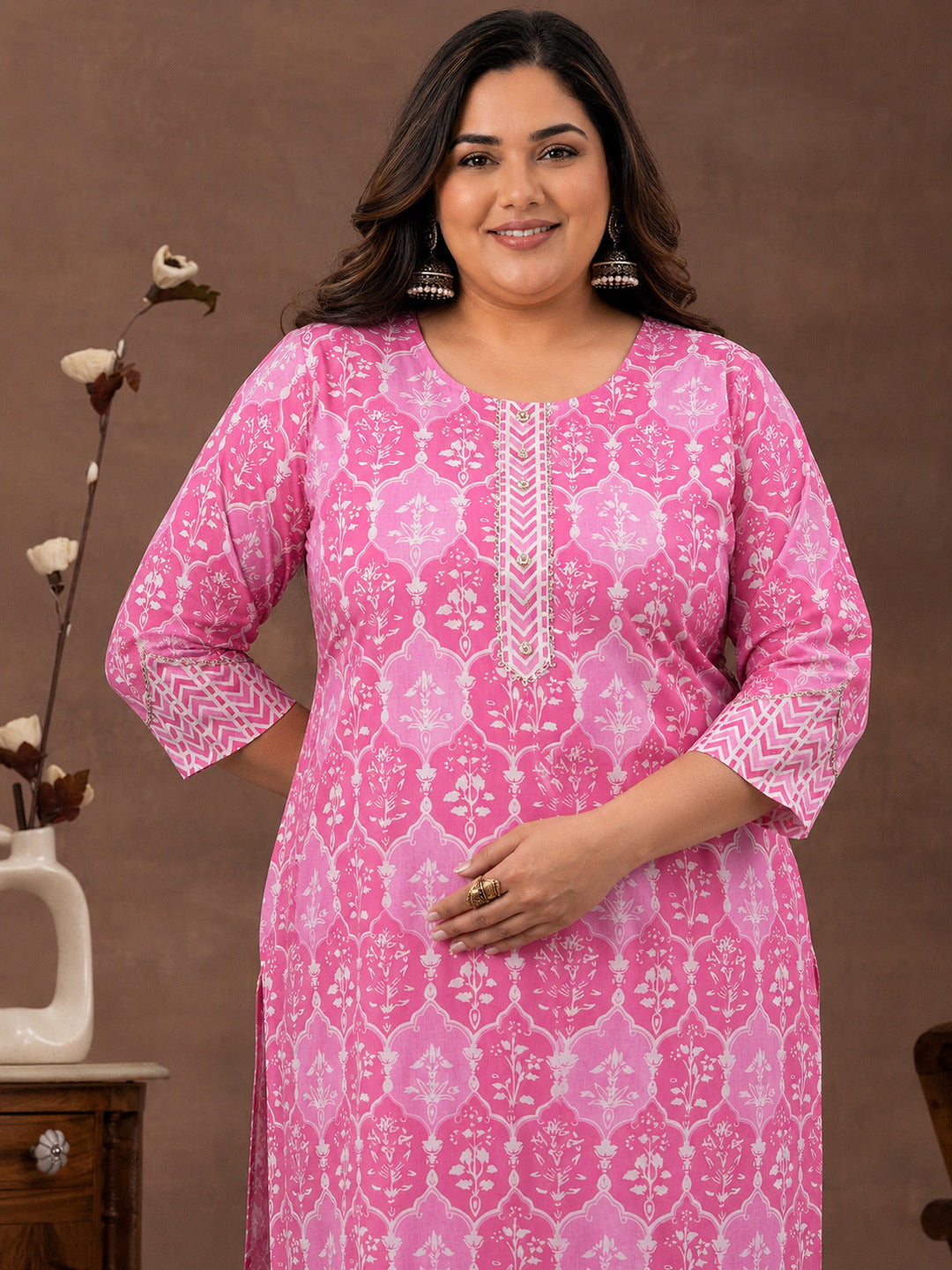 Plus Size Pink Printed Cotton Straight Suit With Dupatta