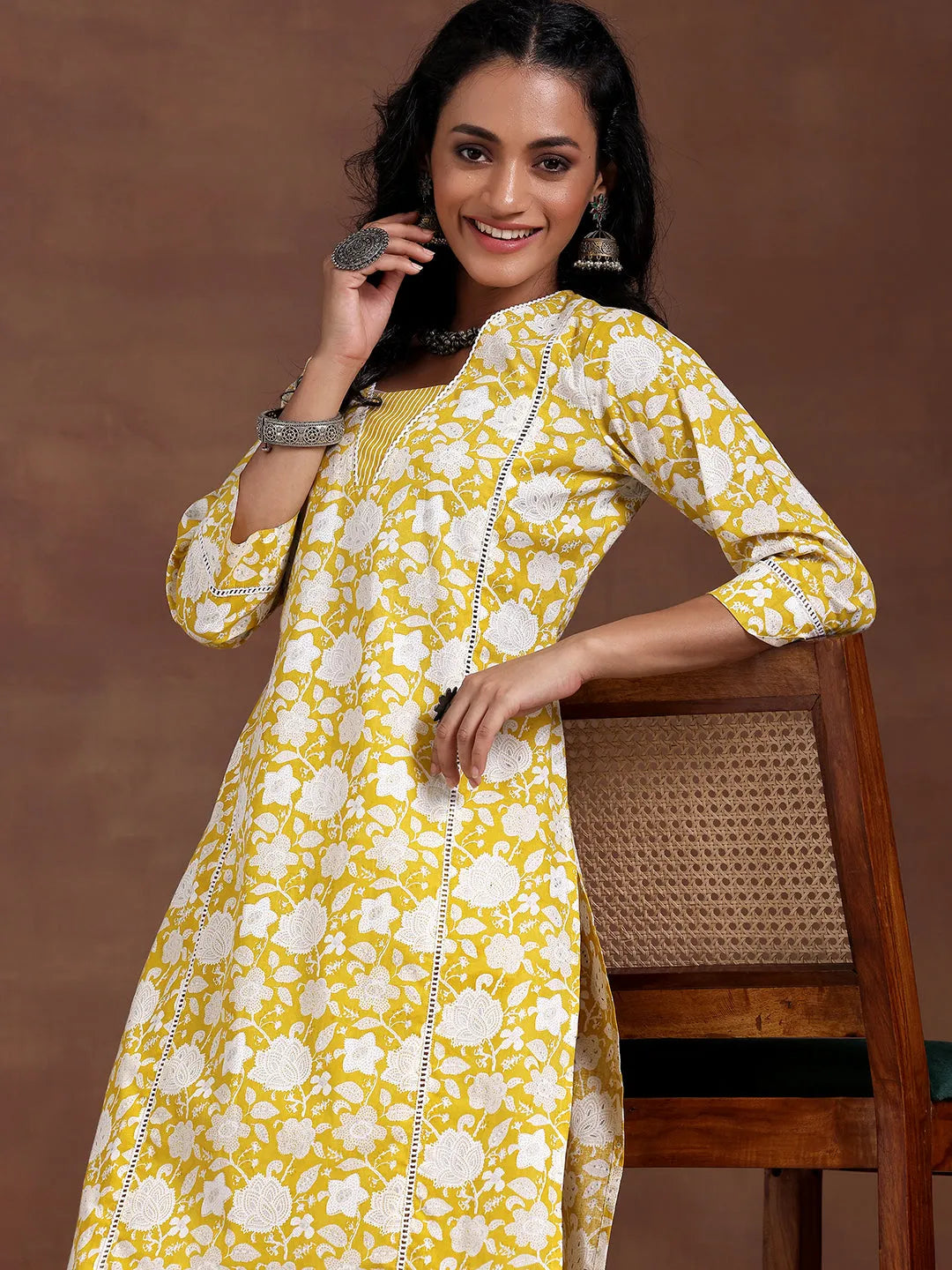 Yellow Printed Cotton Straight Kurta Set
